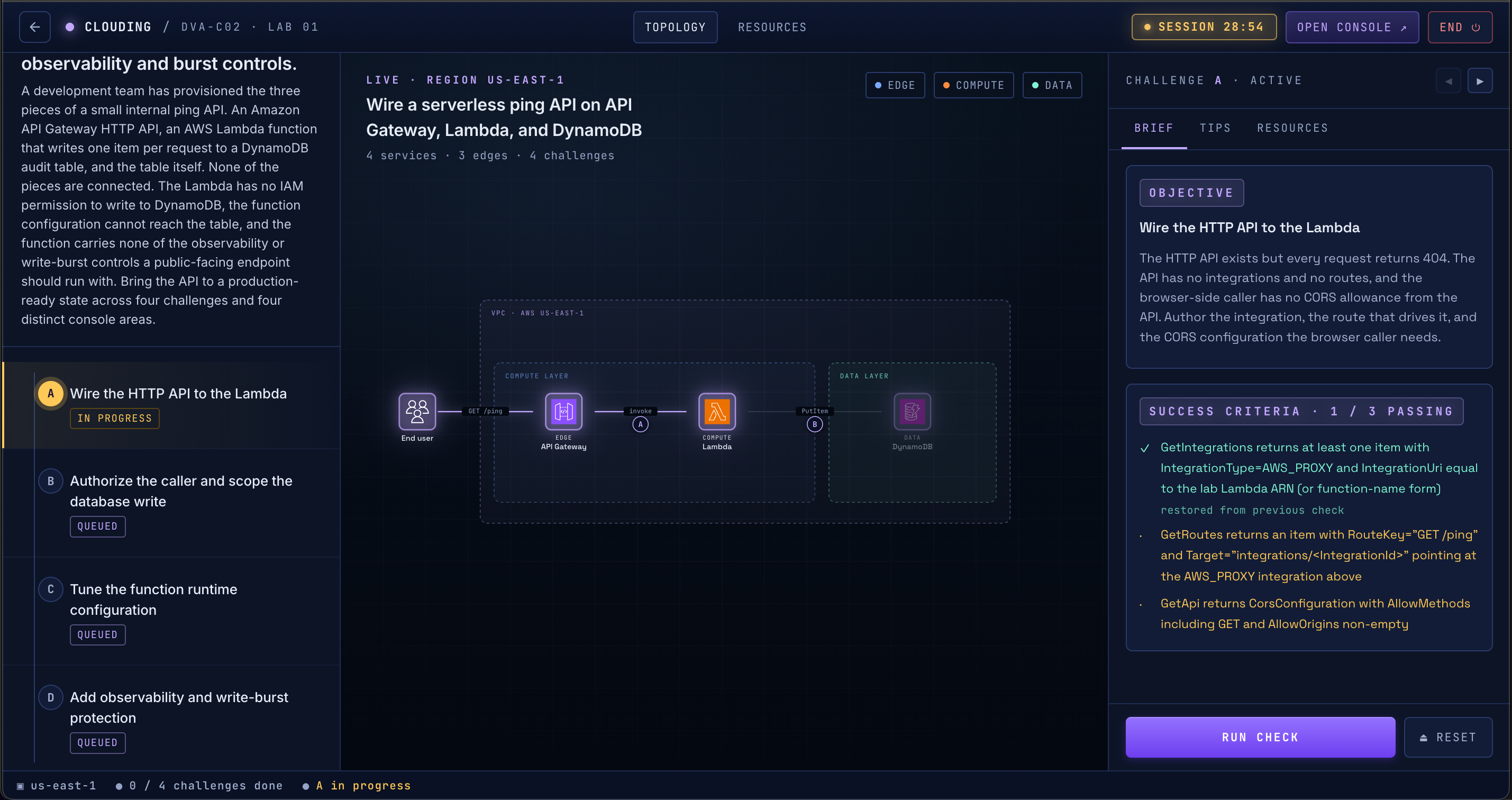 Hands-on AWS lab: Wire a serverless ping API on API Gateway, Lambda, and DynamoDB. Live session with topology diagram, brief panel, and per-criterion checks.
